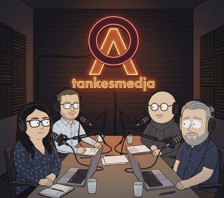 Tecknad illustration av Arete podd med fyra deltagare runt studiobordet under neonskylten Arete tankesmedja