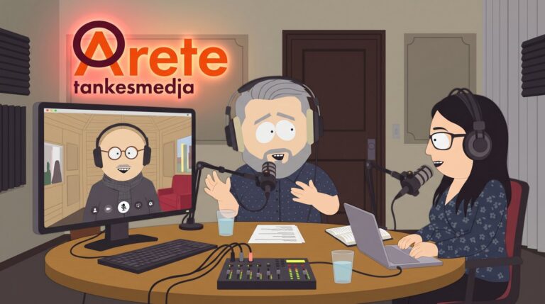 Tecknad bild från Arete podds studio: en deltagare i videosamtal på en datorskärm och två programledare med hörlurar och mikrofoner vid ett runt bord, med en lysande Arete tankesmedja-skylt på väggen.