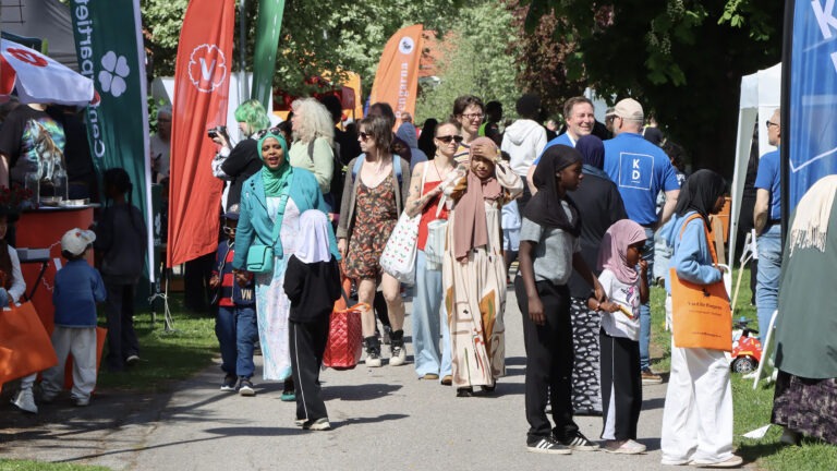 Besökare promenerar mellan organisationernas tält och flaggor under demokratifestivalen Åsadalen på Åsa folkhögskola